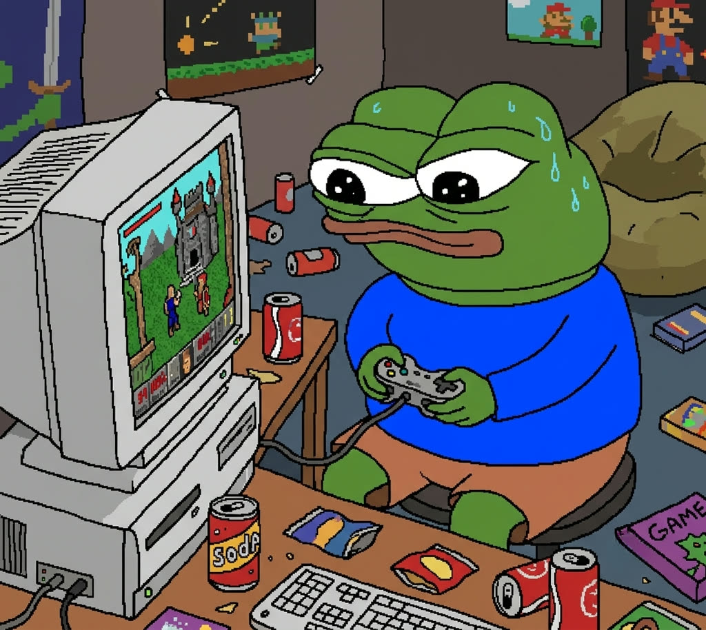 Apu the frog playing a retro video game at a desk full of soda cans
