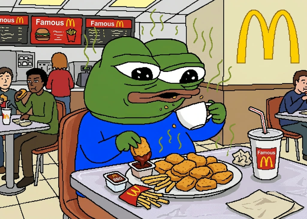 Apu the frog eating chicken nuggets and fries at a fast food restaurant