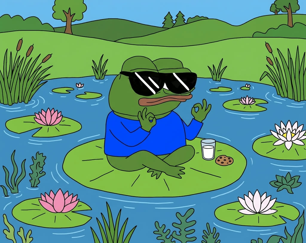 Apu the frog meditating on a lily pad with milk and a cookie