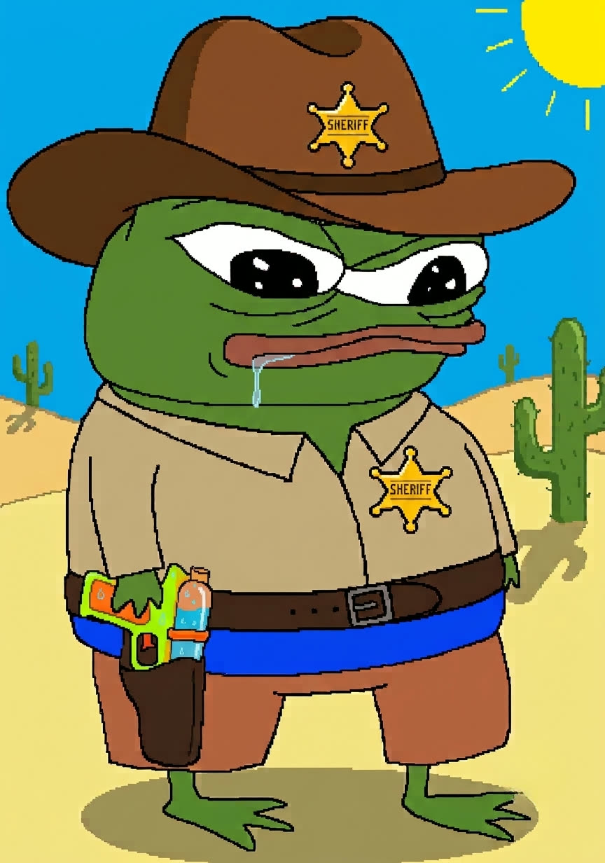 Apu the frog dressed as a sheriff with a water pistol in the desert