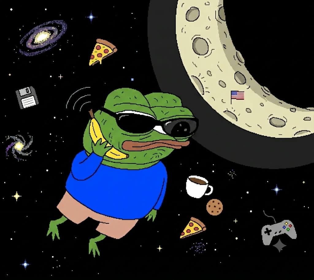 Apu the frog in sunglasses floating in space beside the moon