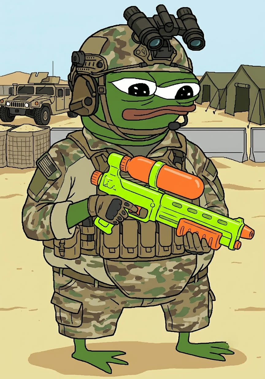 Apu the frog in military gear holding a bright water gun at a camp